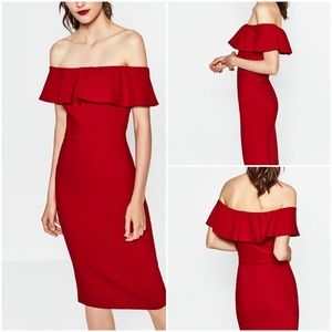 Zara Off Shoulder Bardot Midi Dress Red M